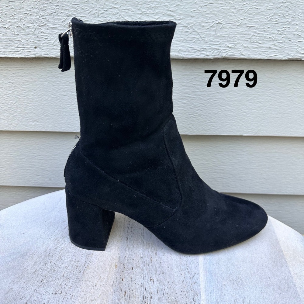 Zara Basic Black Faux Suede Block Heel Sock Ankle Boots EU 37